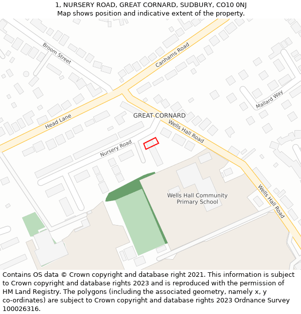 1, NURSERY ROAD, GREAT CORNARD, SUDBURY, CO10 0NJ: Location map and indicative extent of plot