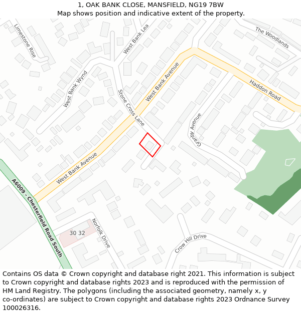 1, OAK BANK CLOSE, MANSFIELD, NG19 7BW: Location map and indicative extent of plot
