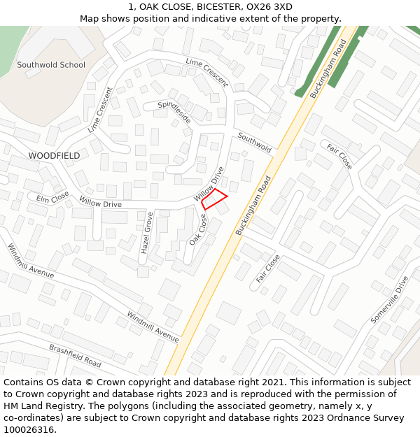 1, OAK CLOSE, BICESTER, OX26 3XD: Location map and indicative extent of plot