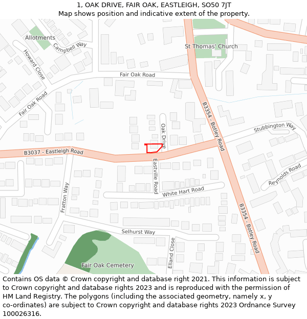 1, OAK DRIVE, FAIR OAK, EASTLEIGH, SO50 7JT: Location map and indicative extent of plot