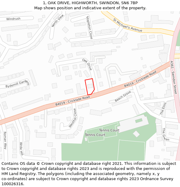 1, OAK DRIVE, HIGHWORTH, SWINDON, SN6 7BP: Location map and indicative extent of plot