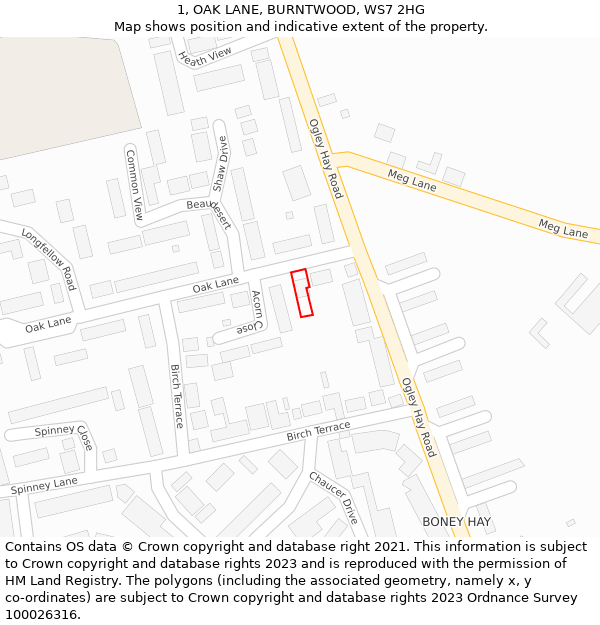 1, OAK LANE, BURNTWOOD, WS7 2HG: Location map and indicative extent of plot