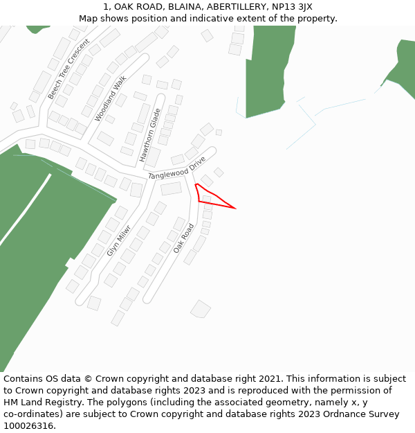 1, OAK ROAD, BLAINA, ABERTILLERY, NP13 3JX: Location map and indicative extent of plot