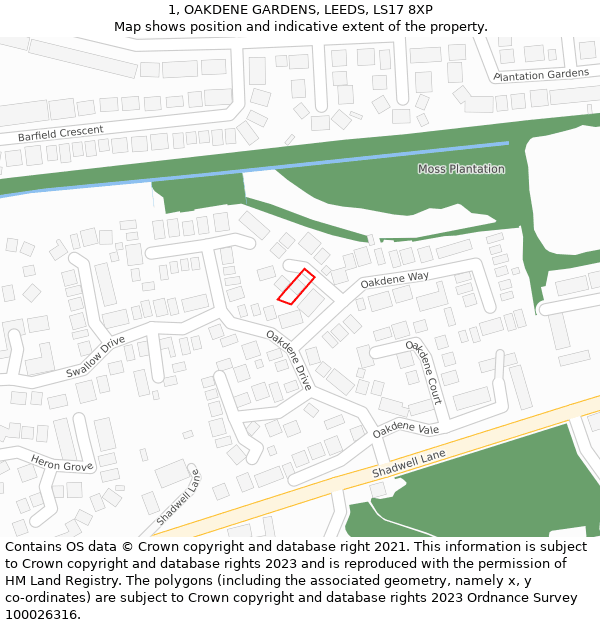 1, OAKDENE GARDENS, LEEDS, LS17 8XP: Location map and indicative extent of plot