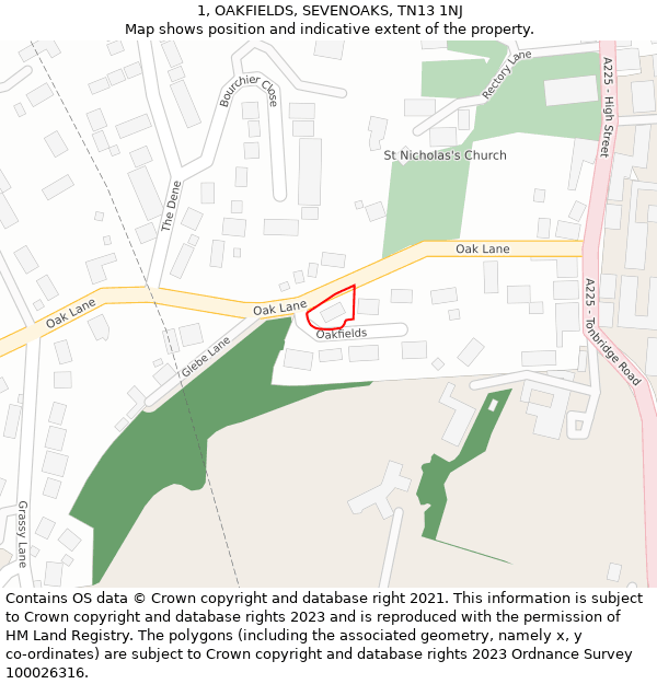 1, OAKFIELDS, SEVENOAKS, TN13 1NJ: Location map and indicative extent of plot