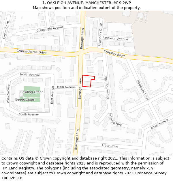 1, OAKLEIGH AVENUE, MANCHESTER, M19 2WP: Location map and indicative extent of plot
