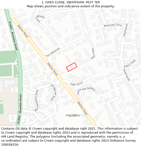 1, OAKS CLOSE, SWAFFHAM, PE37 7EP: Location map and indicative extent of plot