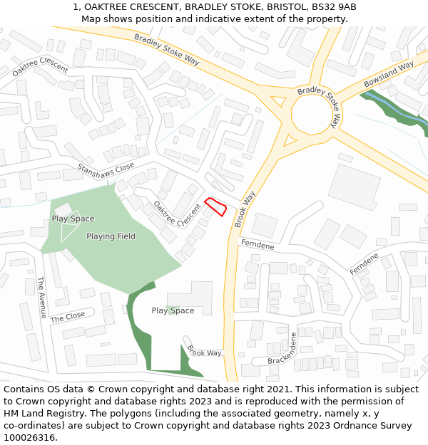 1, OAKTREE CRESCENT, BRADLEY STOKE, BRISTOL, BS32 9AB: Location map and indicative extent of plot