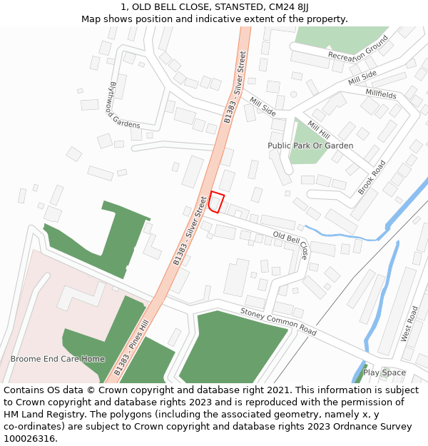 1, OLD BELL CLOSE, STANSTED, CM24 8JJ: Location map and indicative extent of plot