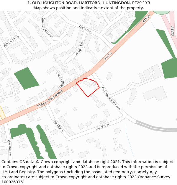 1, OLD HOUGHTON ROAD, HARTFORD, HUNTINGDON, PE29 1YB: Location map and indicative extent of plot