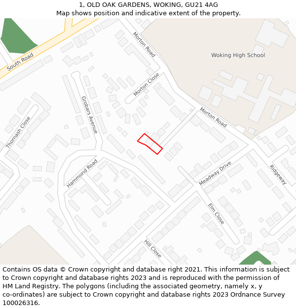 1, OLD OAK GARDENS, WOKING, GU21 4AG: Location map and indicative extent of plot