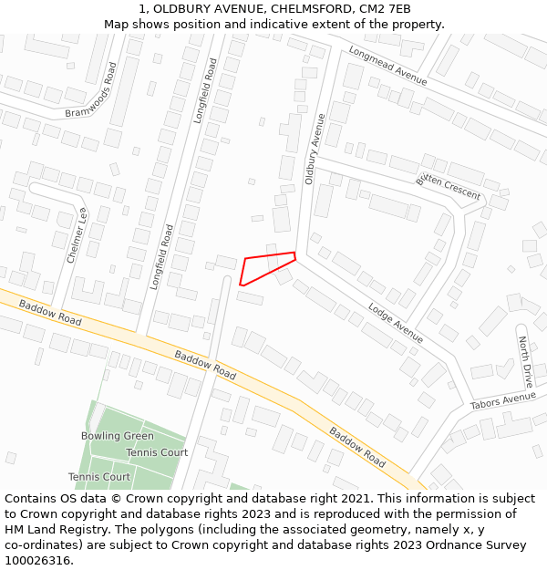 1, OLDBURY AVENUE, CHELMSFORD, CM2 7EB: Location map and indicative extent of plot