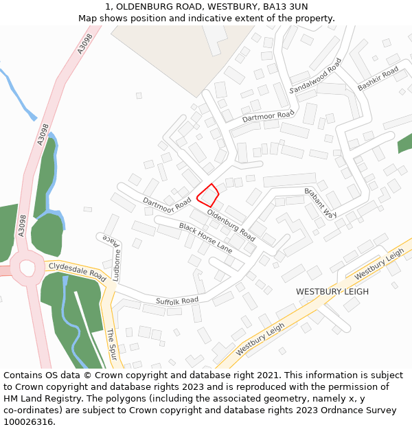 1, OLDENBURG ROAD, WESTBURY, BA13 3UN: Location map and indicative extent of plot