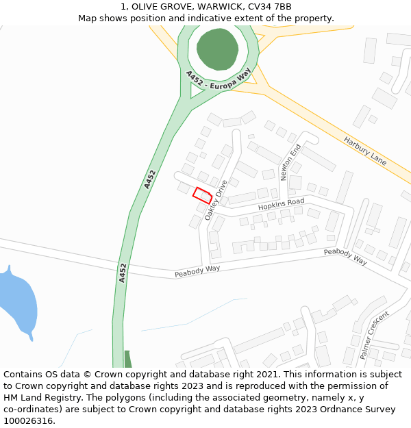 1, OLIVE GROVE, WARWICK, CV34 7BB: Location map and indicative extent of plot