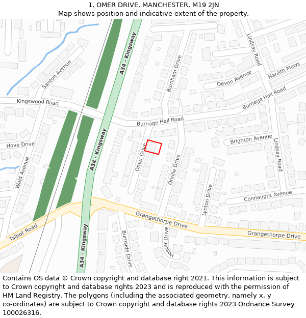 1, OMER DRIVE, MANCHESTER, M19 2JN: Location map and indicative extent of plot