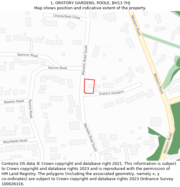 1, ORATORY GARDENS, POOLE, BH13 7HJ: Location map and indicative extent of plot