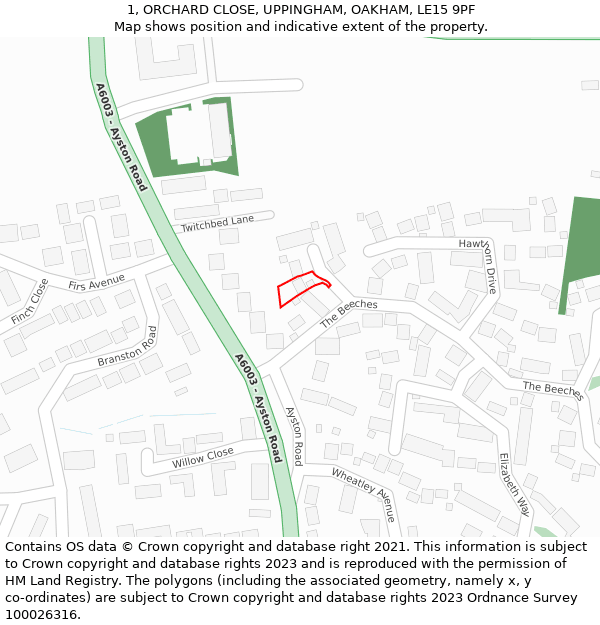 1, ORCHARD CLOSE, UPPINGHAM, OAKHAM, LE15 9PF: Location map and indicative extent of plot