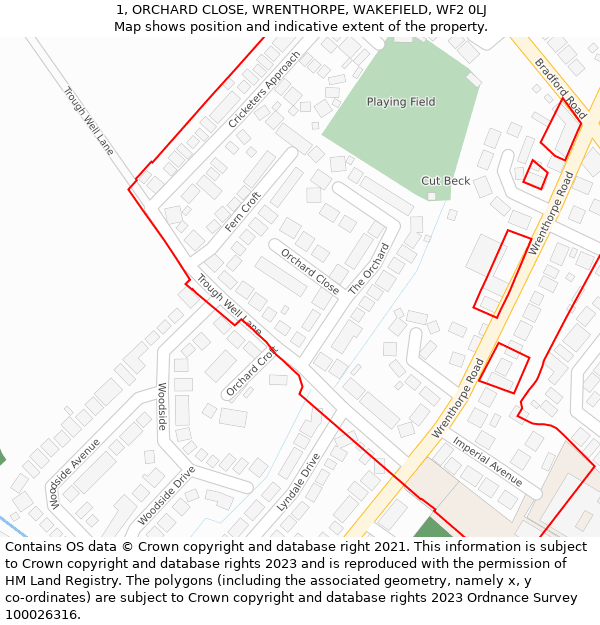 1, ORCHARD CLOSE, WRENTHORPE, WAKEFIELD, WF2 0LJ: Location map and indicative extent of plot