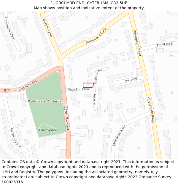 1, ORCHARD END, CATERHAM, CR3 5UR: Location map and indicative extent of plot