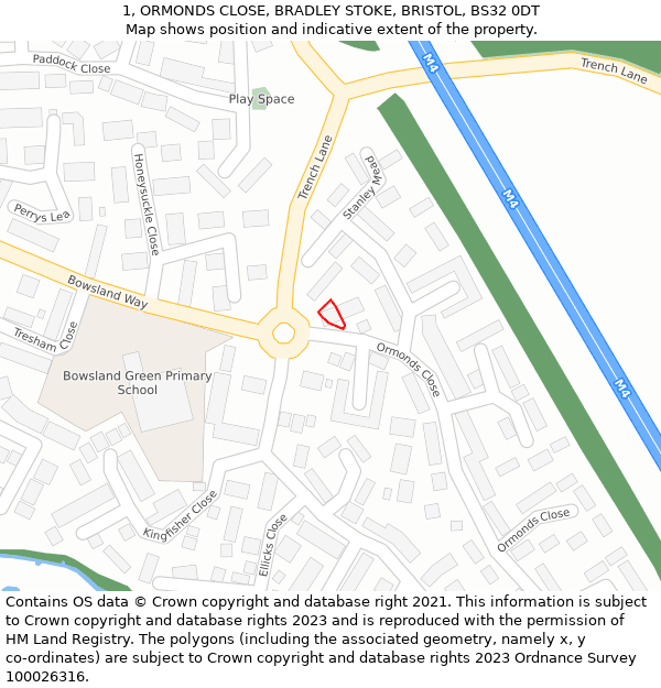 1, ORMONDS CLOSE, BRADLEY STOKE, BRISTOL, BS32 0DT: Location map and indicative extent of plot