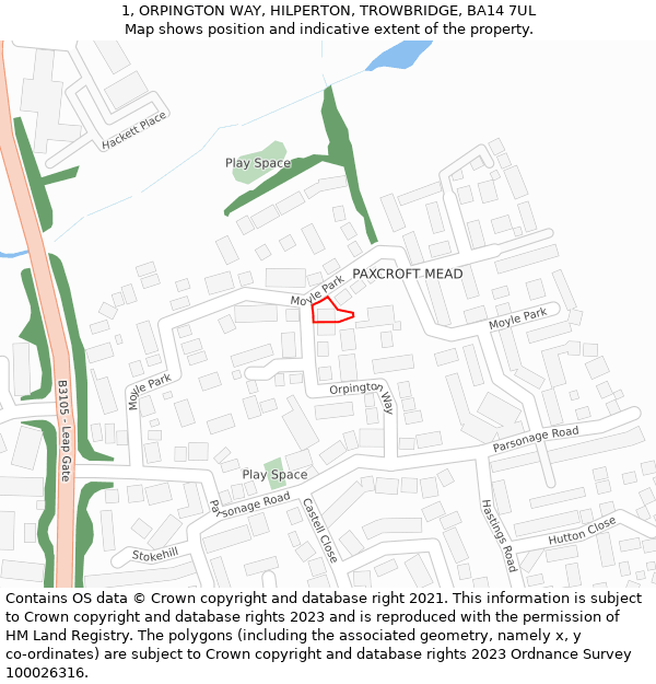 1, ORPINGTON WAY, HILPERTON, TROWBRIDGE, BA14 7UL: Location map and indicative extent of plot