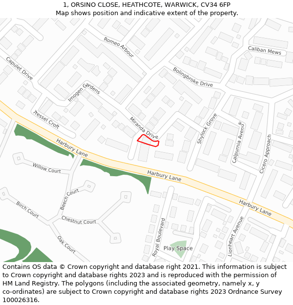 1, ORSINO CLOSE, HEATHCOTE, WARWICK, CV34 6FP: Location map and indicative extent of plot