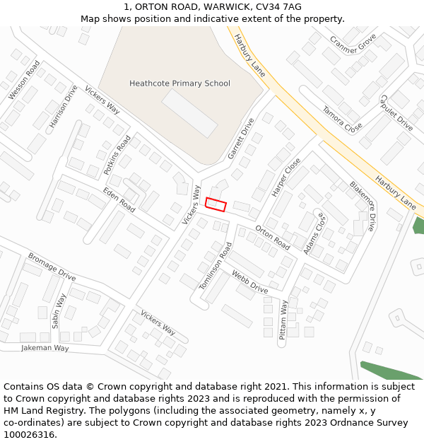 1, ORTON ROAD, WARWICK, CV34 7AG: Location map and indicative extent of plot