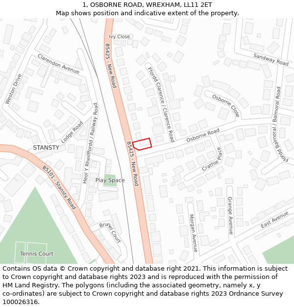 1, OSBORNE ROAD, WREXHAM, LL11 2ET: Location map and indicative extent of plot