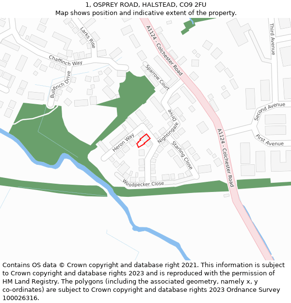 1, OSPREY ROAD, HALSTEAD, CO9 2FU: Location map and indicative extent of plot