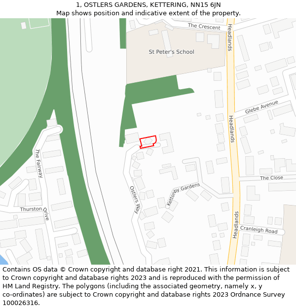 1, OSTLERS GARDENS, KETTERING, NN15 6JN: Location map and indicative extent of plot