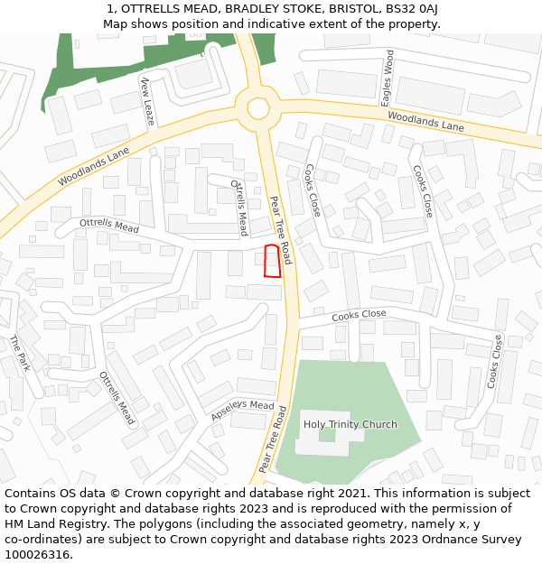 1, OTTRELLS MEAD, BRADLEY STOKE, BRISTOL, BS32 0AJ: Location map and indicative extent of plot