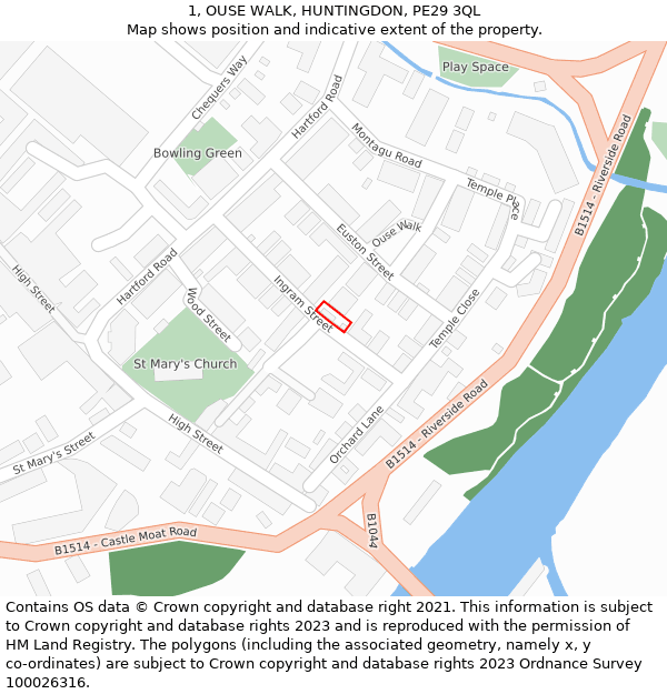 1, OUSE WALK, HUNTINGDON, PE29 3QL: Location map and indicative extent of plot