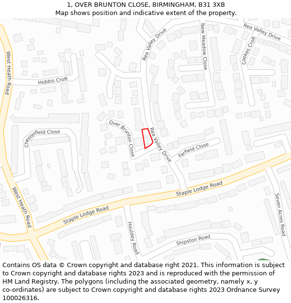 1, OVER BRUNTON CLOSE, BIRMINGHAM, B31 3XB: Location map and indicative extent of plot