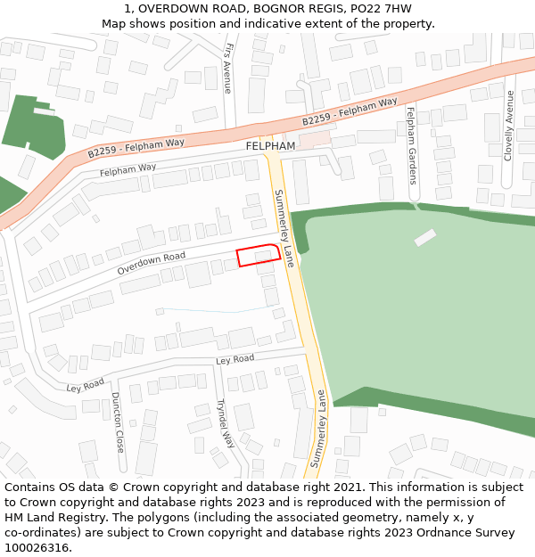 1, OVERDOWN ROAD, BOGNOR REGIS, PO22 7HW: Location map and indicative extent of plot