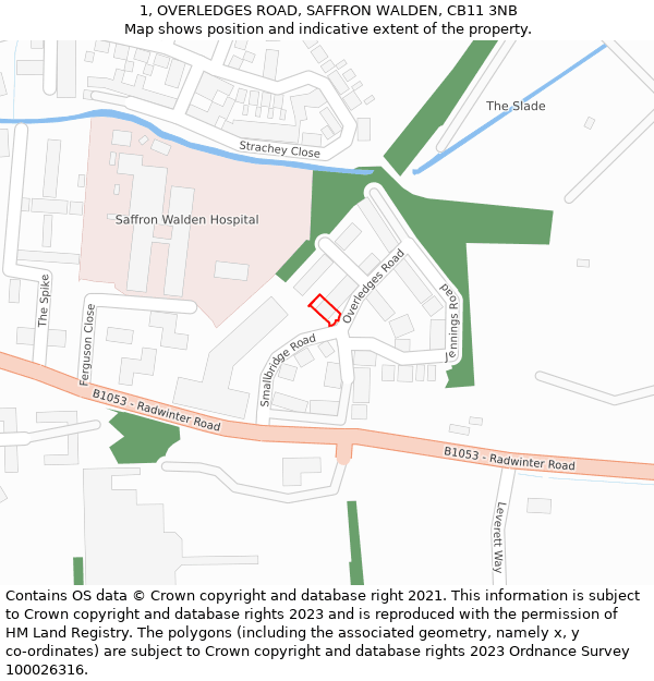 1, OVERLEDGES ROAD, SAFFRON WALDEN, CB11 3NB: Location map and indicative extent of plot