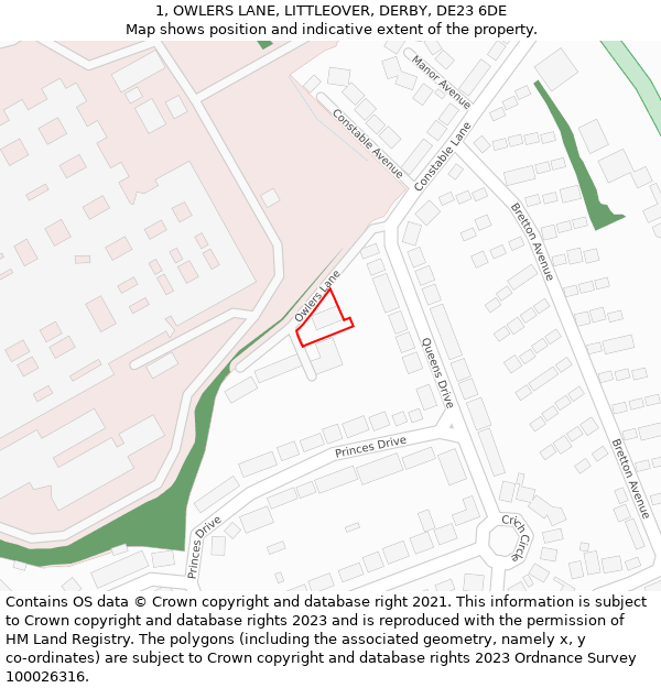 1, OWLERS LANE, LITTLEOVER, DERBY, DE23 6DE: Location map and indicative extent of plot