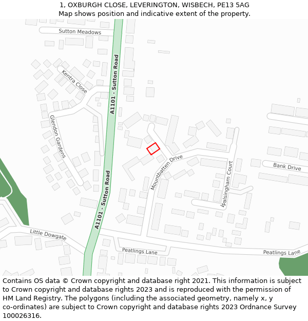 1, OXBURGH CLOSE, LEVERINGTON, WISBECH, PE13 5AG: Location map and indicative extent of plot