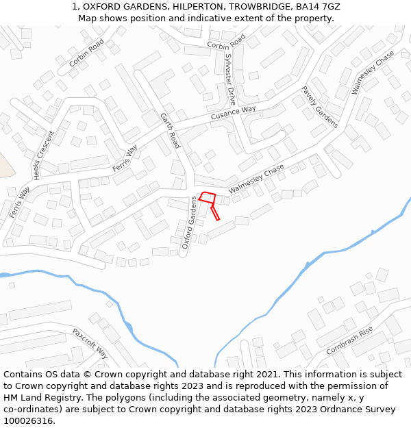 1, OXFORD GARDENS, HILPERTON, TROWBRIDGE, BA14 7GZ: Location map and indicative extent of plot