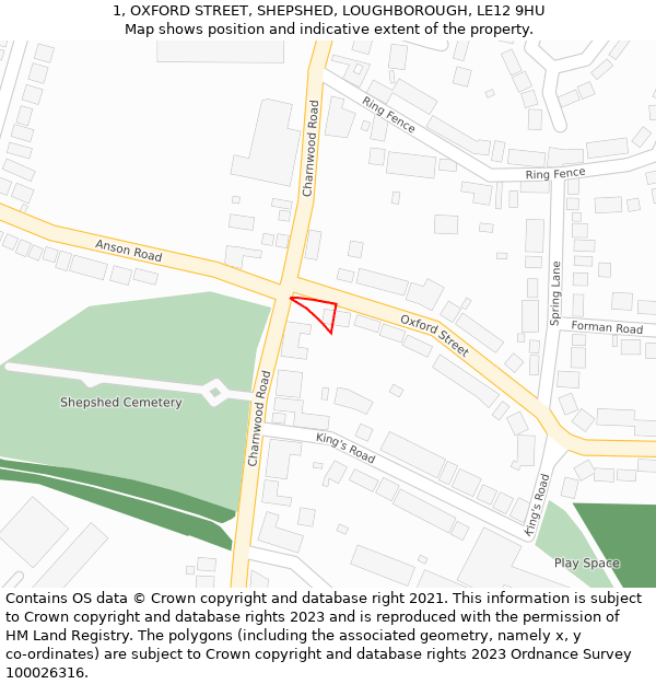 1, OXFORD STREET, SHEPSHED, LOUGHBOROUGH, LE12 9HU: Location map and indicative extent of plot