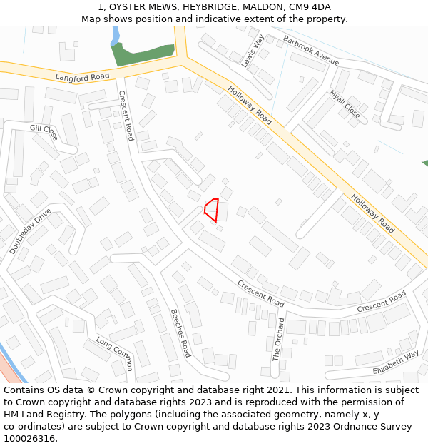 1, OYSTER MEWS, HEYBRIDGE, MALDON, CM9 4DA: Location map and indicative extent of plot