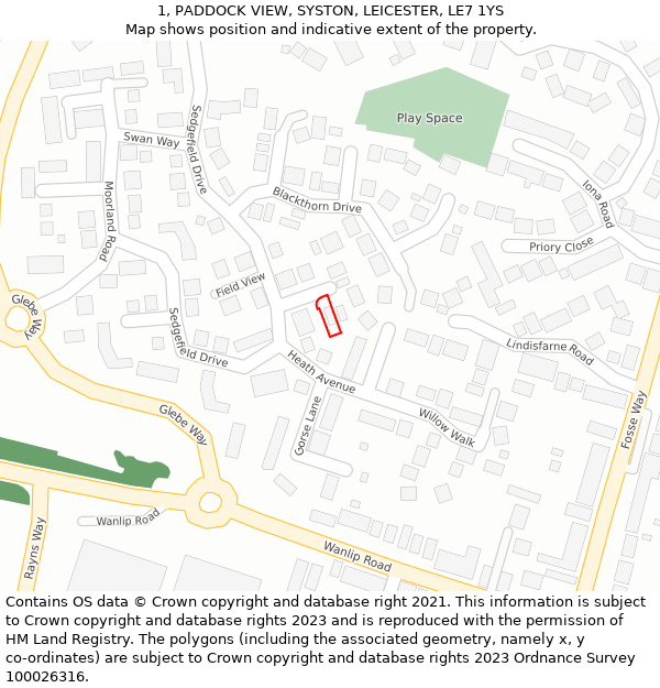 1, PADDOCK VIEW, SYSTON, LEICESTER, LE7 1YS: Location map and indicative extent of plot