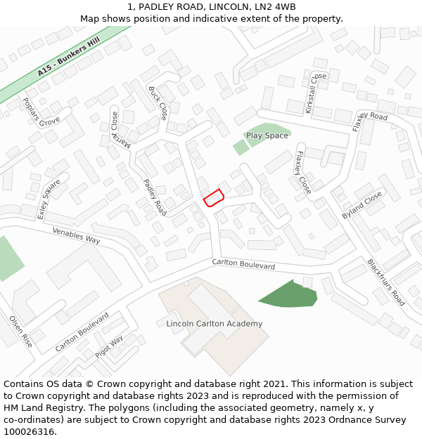 1, PADLEY ROAD, LINCOLN, LN2 4WB: Location map and indicative extent of plot