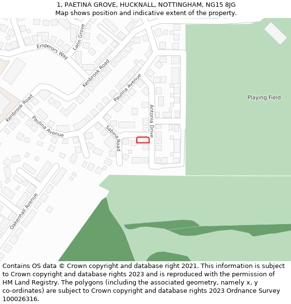 1, PAETINA GROVE, HUCKNALL, NOTTINGHAM, NG15 8JG: Location map and indicative extent of plot