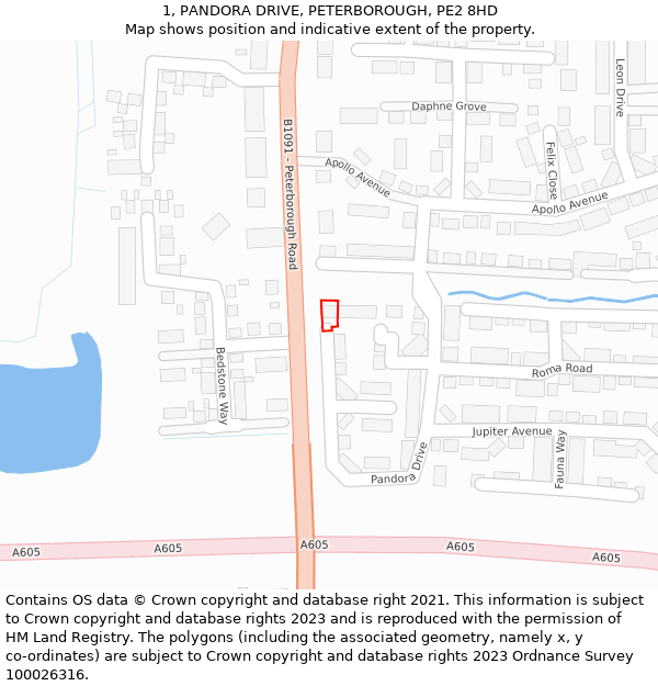 1, PANDORA DRIVE, PETERBOROUGH, PE2 8HD: Location map and indicative extent of plot