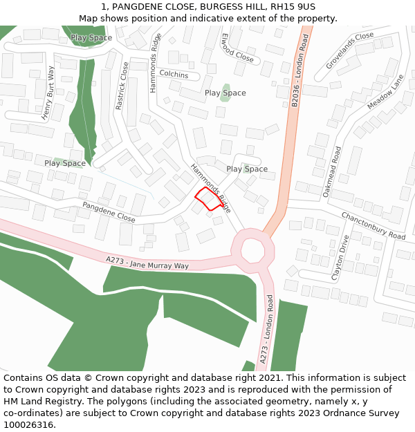 1, PANGDENE CLOSE, BURGESS HILL, RH15 9US: Location map and indicative extent of plot