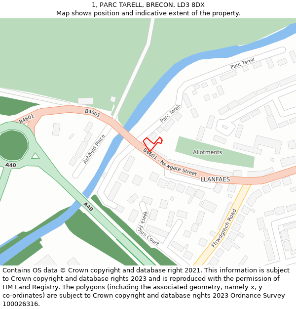 1, PARC TARELL, BRECON, LD3 8DX: Location map and indicative extent of plot