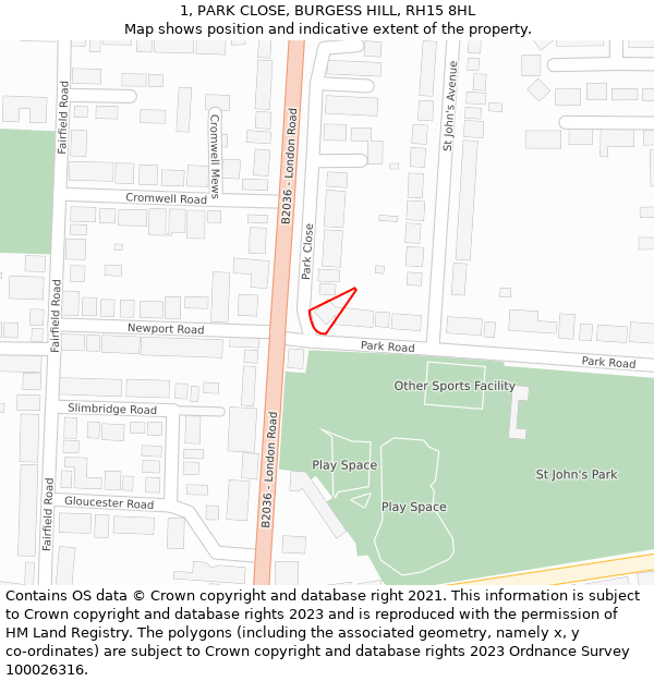 1, PARK CLOSE, BURGESS HILL, RH15 8HL: Location map and indicative extent of plot