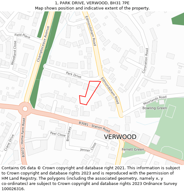 1, PARK DRIVE, VERWOOD, BH31 7PE: Location map and indicative extent of plot