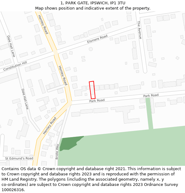 1, PARK GATE, IPSWICH, IP1 3TU: Location map and indicative extent of plot