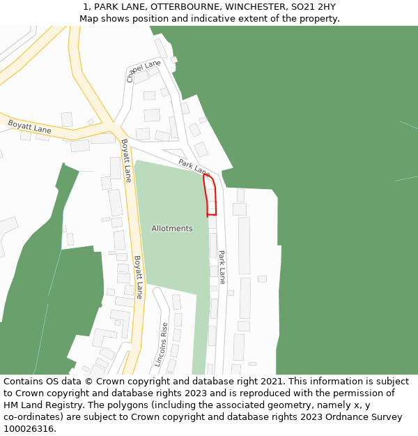 1, PARK LANE, OTTERBOURNE, WINCHESTER, SO21 2HY: Location map and indicative extent of plot